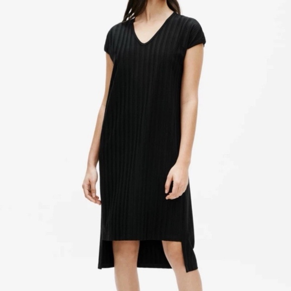 Eileen Fisher Large Wide Rib V-Neck High Low Shift Dress Lagenlook Minimalist - Picture 1 of 11